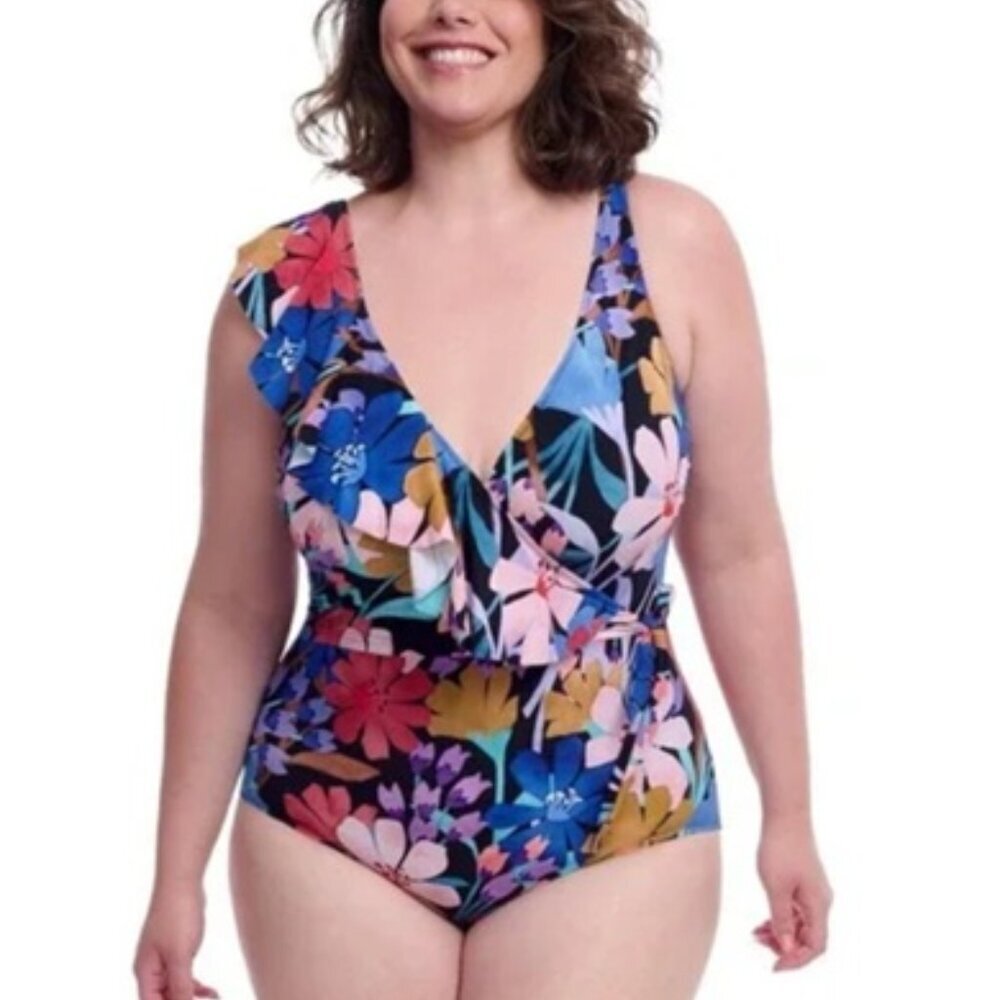 NWT Profile by Gottex Melody Women's Multi Color V-Neck One Piece Swimsuit 22W